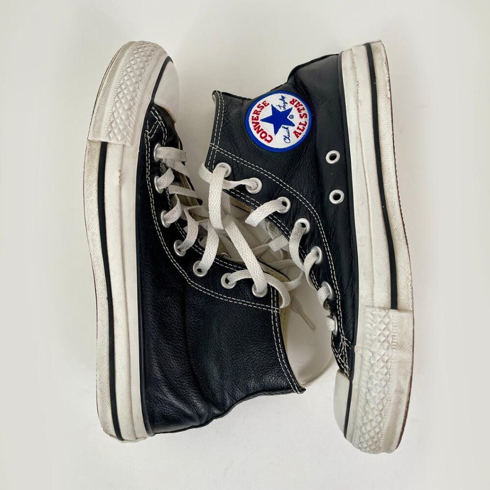 Black Leather Converse Chuck Taylor All Star High Tops, Size W7.5/M5.5
